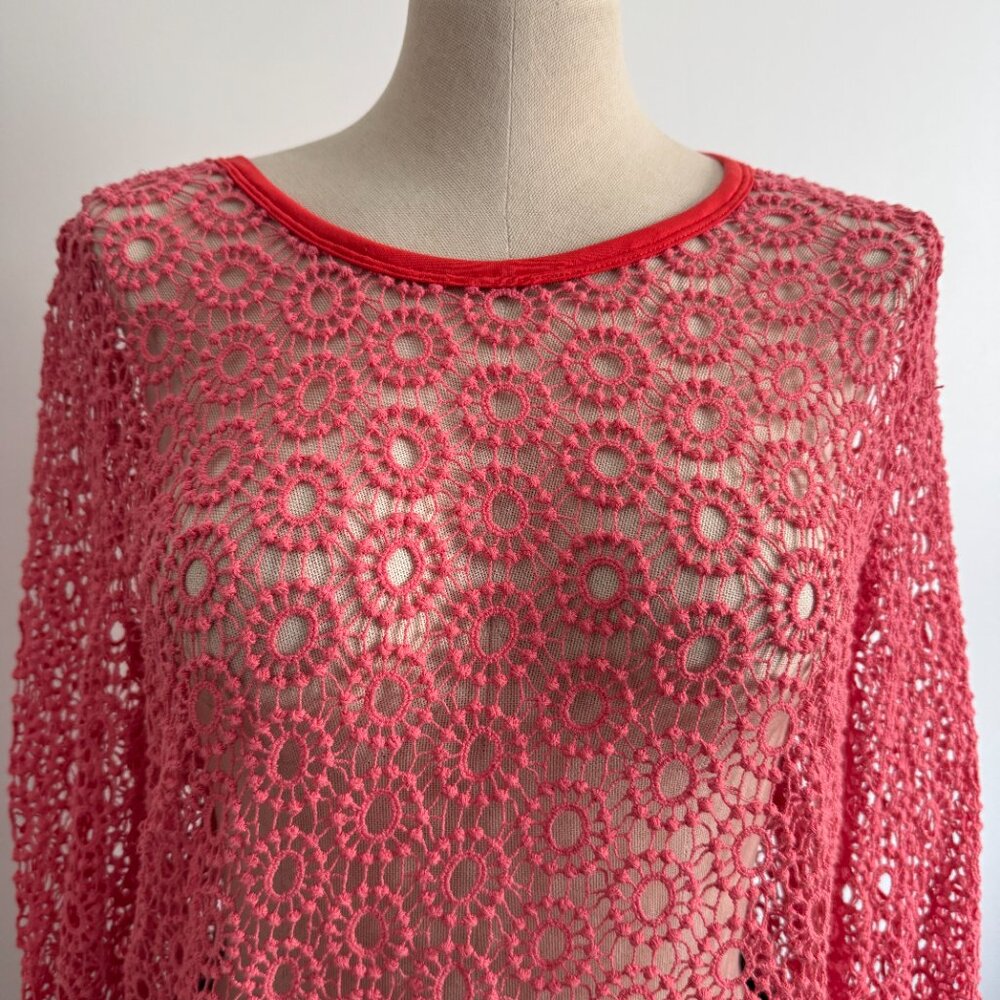 Lynn by Cyrus - Coral Floral Embroidered Long Sleeve Top / Swimsuit Cover